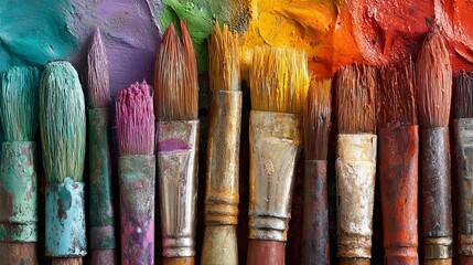 Fototapeta premium Colorful paint brushes art supplies for painting and drawing creative artistic tools for artists studio