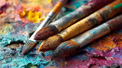 Obraz premium Artistic paintbrushes on colorful palette creative painting tools for artists and art supplies concept