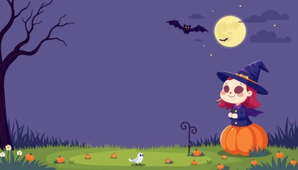 Fototapeta premium cartoon halloween illustration in pastel style, cute and festive themed design with a spooky twist, subject positioned on the right with clear copy space on the left for photos.