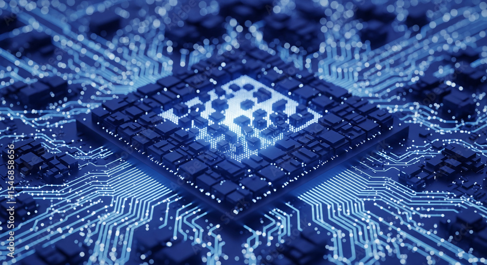 Poster close-up of a circuit board, showcasing intricate blue pathways and glowing components, symbolizing 