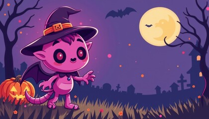 Fototapeta premium a cute and spooky halloween themed cartoon illustration with radiant pink tones, subject positioned on the left side with ample copy space on the right for photo use.