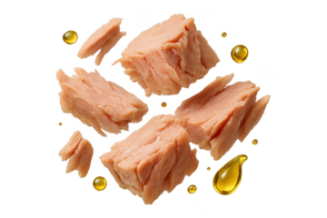 Chunks of tuna with oil drops isolated on a transparent background, cut-out