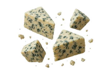 Delicious blue cheese pieces isolated on transparent background, appetizing food