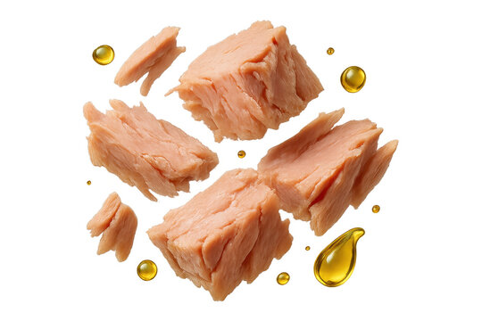 Chunks of tuna with oil drops isolated on a transparent background, cut-out