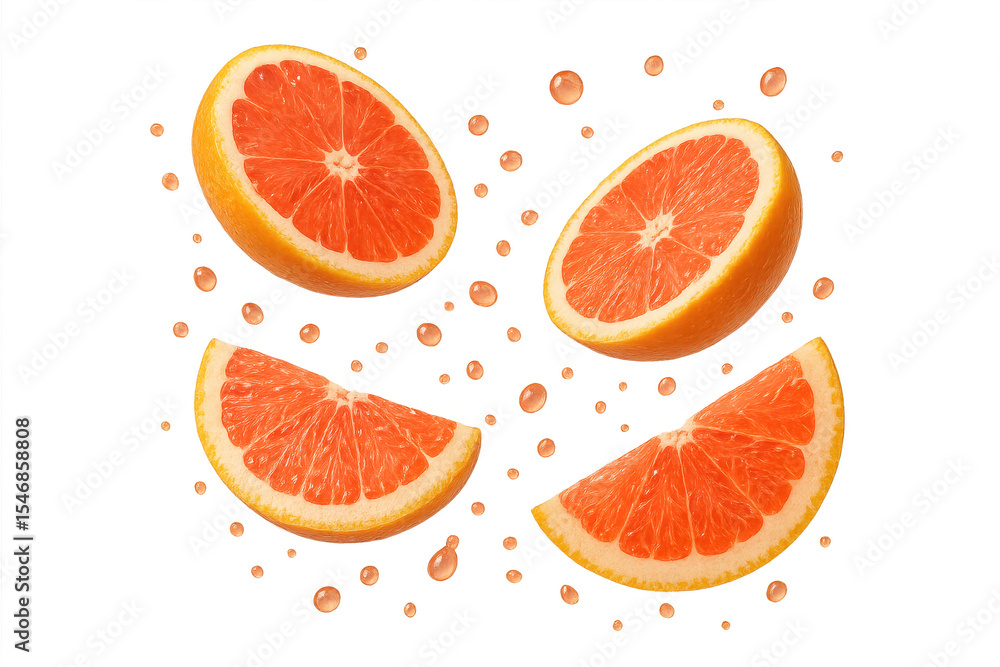 Aufkleber segments of ripe grapefruit with juice drops isolated on transparent background