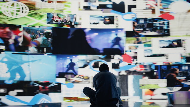 Desperate guy staring at phone screen in misery symbolizing toxic social media overuse. Obsession and excessive information affecting the mental health, anxiety and depression. Camera B.