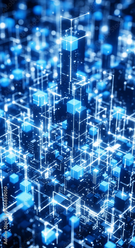 Poster abstract 3d rendering of interconnected blue cubes and lines, representing digital network, data flo