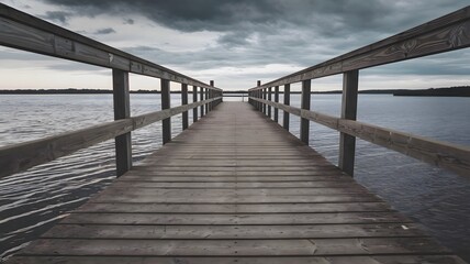 Obraz premium Wooden dock extending over calm water under a dramatic sky with dark clouds at twilight