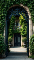 Ornate Black Iron Archway Entrance Overgrown with Greenery Leading to a Building vertical