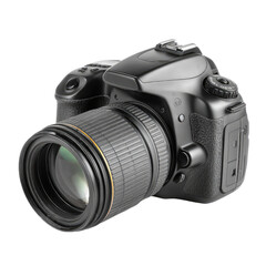 Fototapeta premium Professional DSLR Camera Photography Equipment Closeup: High-Resolution Image of a Black DSLR Camera with a Large Lens, Showing Fine Details and Texture