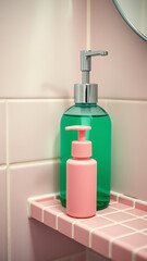 Obraz premium Mint Green Soap Bottle with Pink Dispenser on Pink Tile Bathroom Shelf vertical