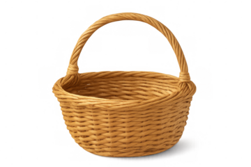 Woven wicker basket with arched handle, isolated on transparent background, ready for easter eggs, picnic supplies, or other items