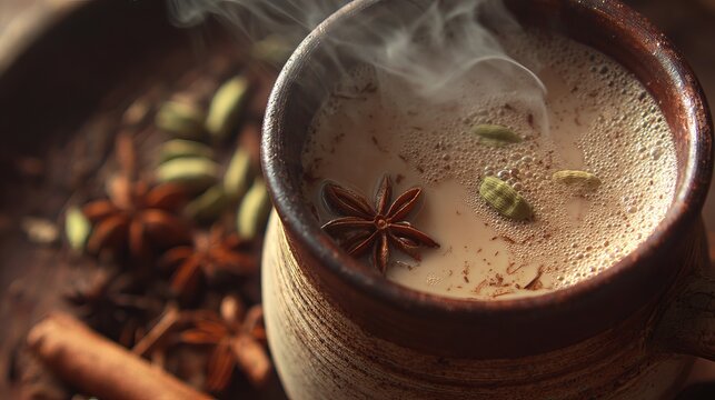 Steaming chai tea latte with spices anise and cardamom in a rustic mug close up still life image - Powered by Adobe
