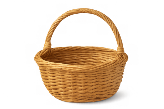 Woven wicker basket with arched handle, isolated on transparent background, ready for easter eggs, picnic supplies, or other items
