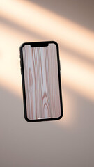 Floating Smartphone with Pastel Wooden Texture Screen and Drop Shadow vertical