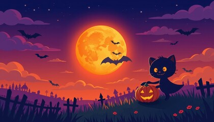 Fototapeta premium a cute cartoon halloween illustration on the right under a blazing sunset, festive and spooky themed seasonal art with clear copy space on the left for photos.