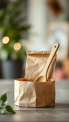 Eco-Friendly Kraft Paper Packaging with Wooden Spoon and Container vertical