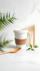 Eco-Friendly Bamboo Cutlery Set and Paper Cup on Light Grey Background vertical