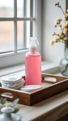 Blush Pink Facial Mist Spray Bottle with Cotton Pads on Wooden Tray near Window vertical