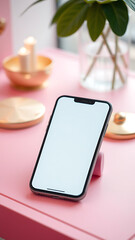 Blank Smartphone Screen on Pink Desk with Gold Accents vertical