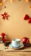 Blank Kraft Paper Stationary blank mockup with Coffee and Festive Decor vertical