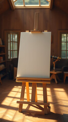 Blank Canvas on Wooden Easel in Sunlit Room vertical
