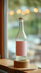 Beige Glass Bottle with Pink Label on Wooden Stand vertical