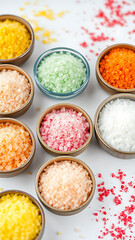 Assortment of Colorful Salts in Bowls on White Background vertical