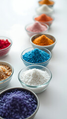 Assortment of Colorful Salts in Bowls on White Background vertical
