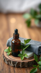 Amber Glass Dropper Bottle with Mint and Soap on Wooden Coaster vertical