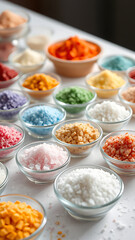 Assortment of Colorful Salts in Bowls on White Background vertical