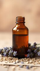 Amber Bottle of Essential Oil with Dried Lavender and Herbal Accents vertical