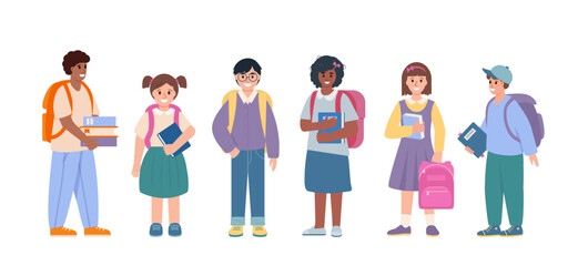 Fototapeta premium Set of school children with books and school bags. Smiling pupils and teenage boys and girls, classmates or friends on white background. Vector illustration.