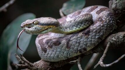 Obraz premium Close up of fer de lance snake on branch with tongue out wildlife reptile venomous snake photography