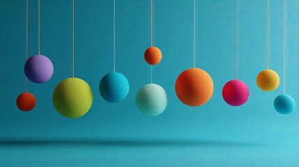 Colorful hanging spheres on blue background modern art installation minimal design abstract background art 3d render