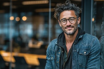 Obraz premium Confident man smiling outdoors wearing glasses and casual outfit