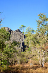 View of the Chillagoe - Mungana Caves National Park, featuring towering limestone fins and jagged...