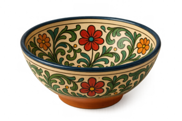 Traditional ceramic bowl featuring a floral pattern, isolated on a transparent background, perfect for showcasing food or kitchenware
