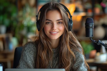 Woman podcast host in relaxed setup surrounded by lush indoor plants