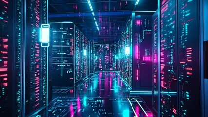 Futuristic server room with vibrant neon lighting - Powered by Adobe
