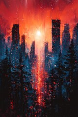 Obraz premium Bright illuminated cityscape with a forest foreground and abstract artistic elements