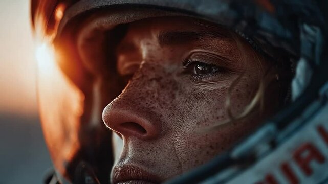 Intense female astronaut with freckles looking up towards the sunrise on a desolate planet