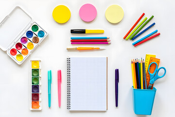 Fototapeta premium Overhead Flat Lay of Art Supplies and Stationery on a White Background, Ideal for Creative Projects, Back-to-School Themes, and Artistic Composition for Students and Professionals