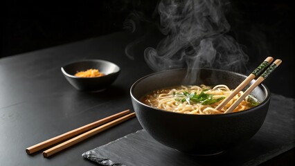 "Minimalist poster of a steaming bowl of ramen with chopsticks resting, dark ceramic bowl on matte black table, high contrast light."

