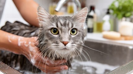 A gray cat is being bathed in a sink, looking at the camera, its fur is wet and soapy.