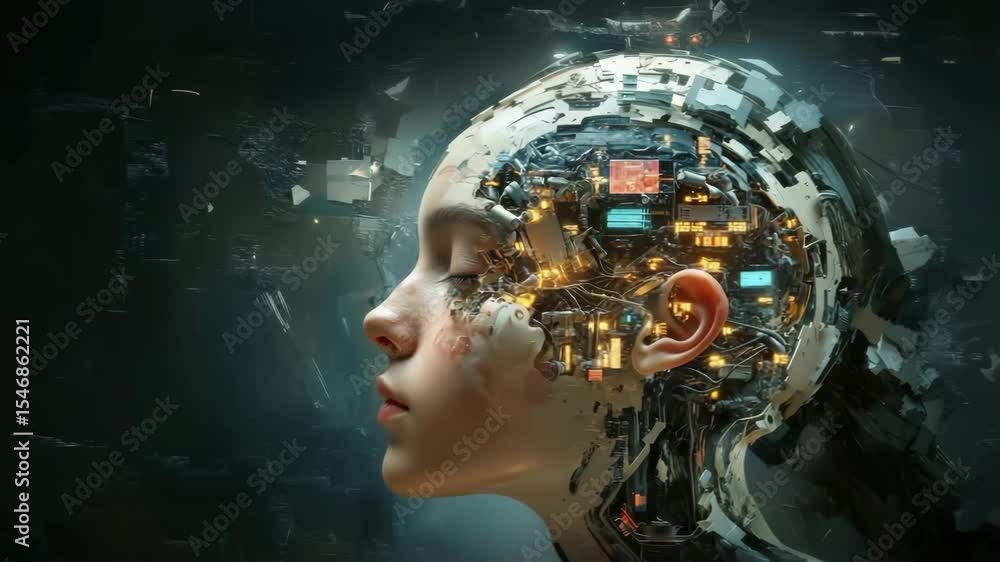 Poster Close-up of an AI head with cybernetic elements against a dark and harsh futuristic landscape The scene is captured with dramatic lighting, creating an atmosphere that combines realism with surrealism