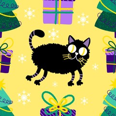 Christmas cartoon animals seamless cats and toys pattern for wrapping paper