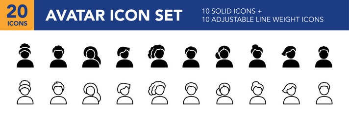 Avatar icon set – diverse female and male user symbols in solid & outline styles. For inclusive design, profile pictures, or online accounts. 10 solid glyphs and 10 adjustable stroke weight graphics.