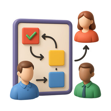 3D task flowboard with team collaboration isolated on transparent background