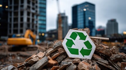 Rubble pile with recycling symbol at an urban construction site, highlighting eco-friendly waste management and sustainability in city redevelopment projects.